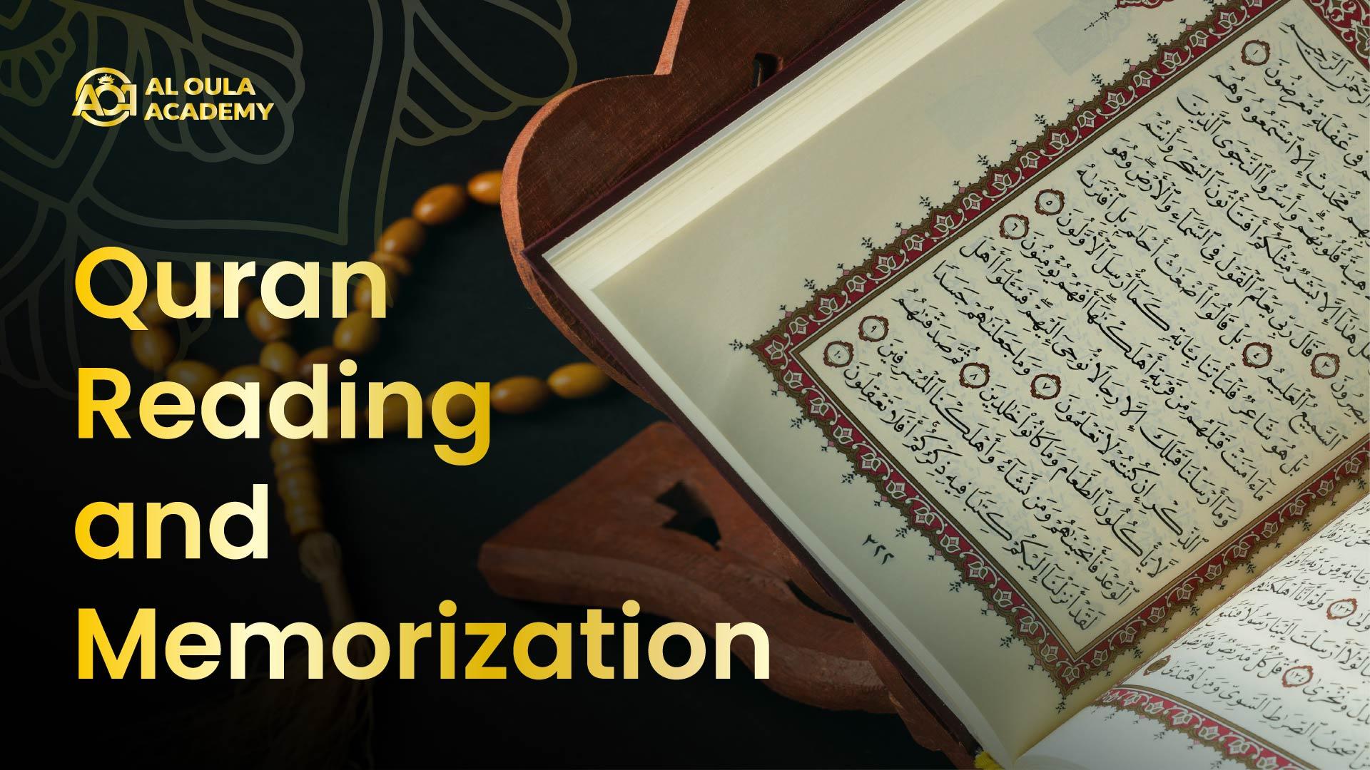 Al Oula Academy course card: an open muṣḥaf on a carved wooden rehl with amber prayer beads beside it, titled Quran Reading and Memorization