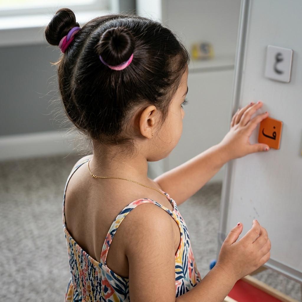 A student placing a letter magnet on the board