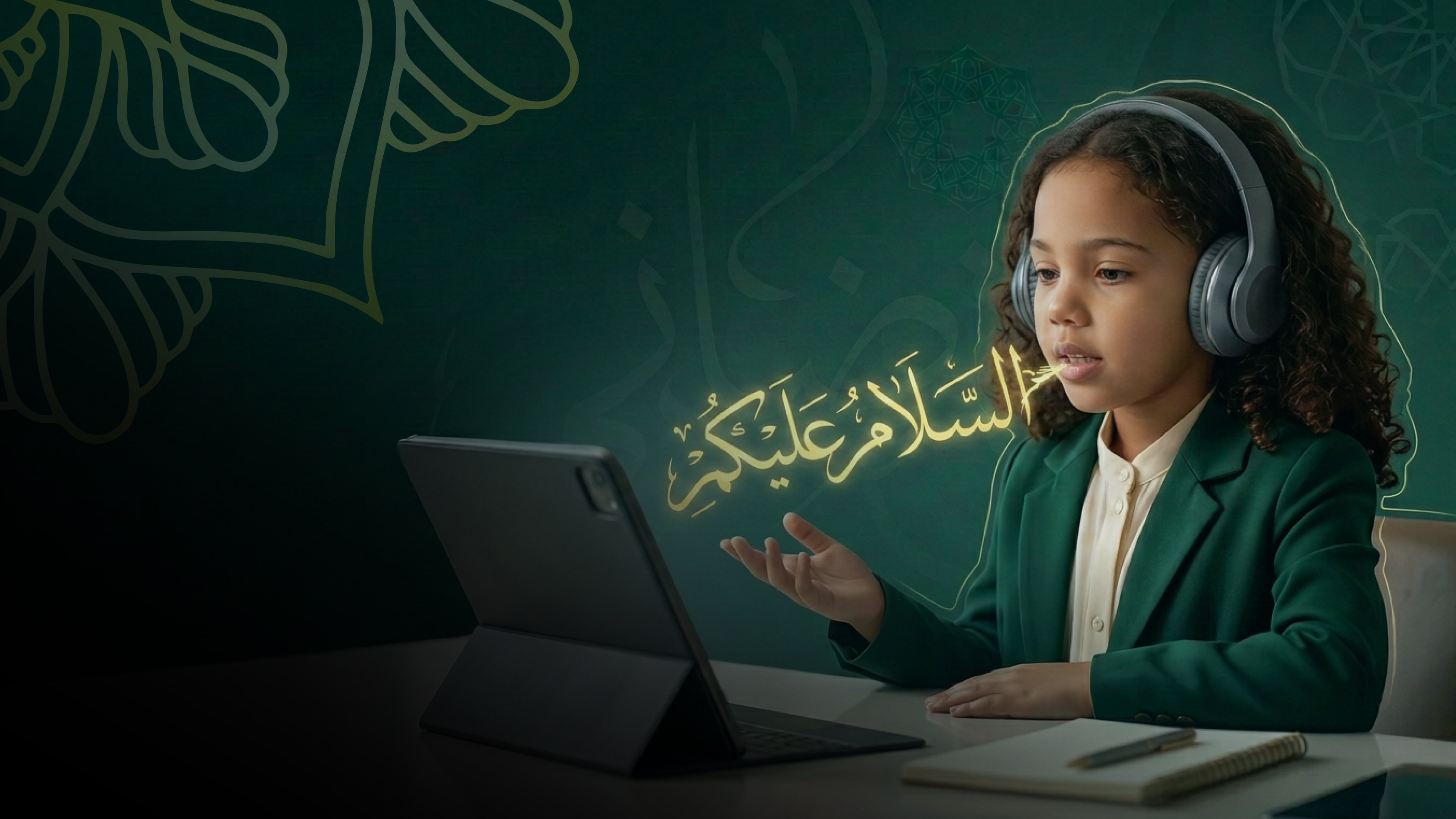 A girl wearing headphones speaking to a tablet in an online lesson, السلام عليكم rising from her hand in gold calligraphy