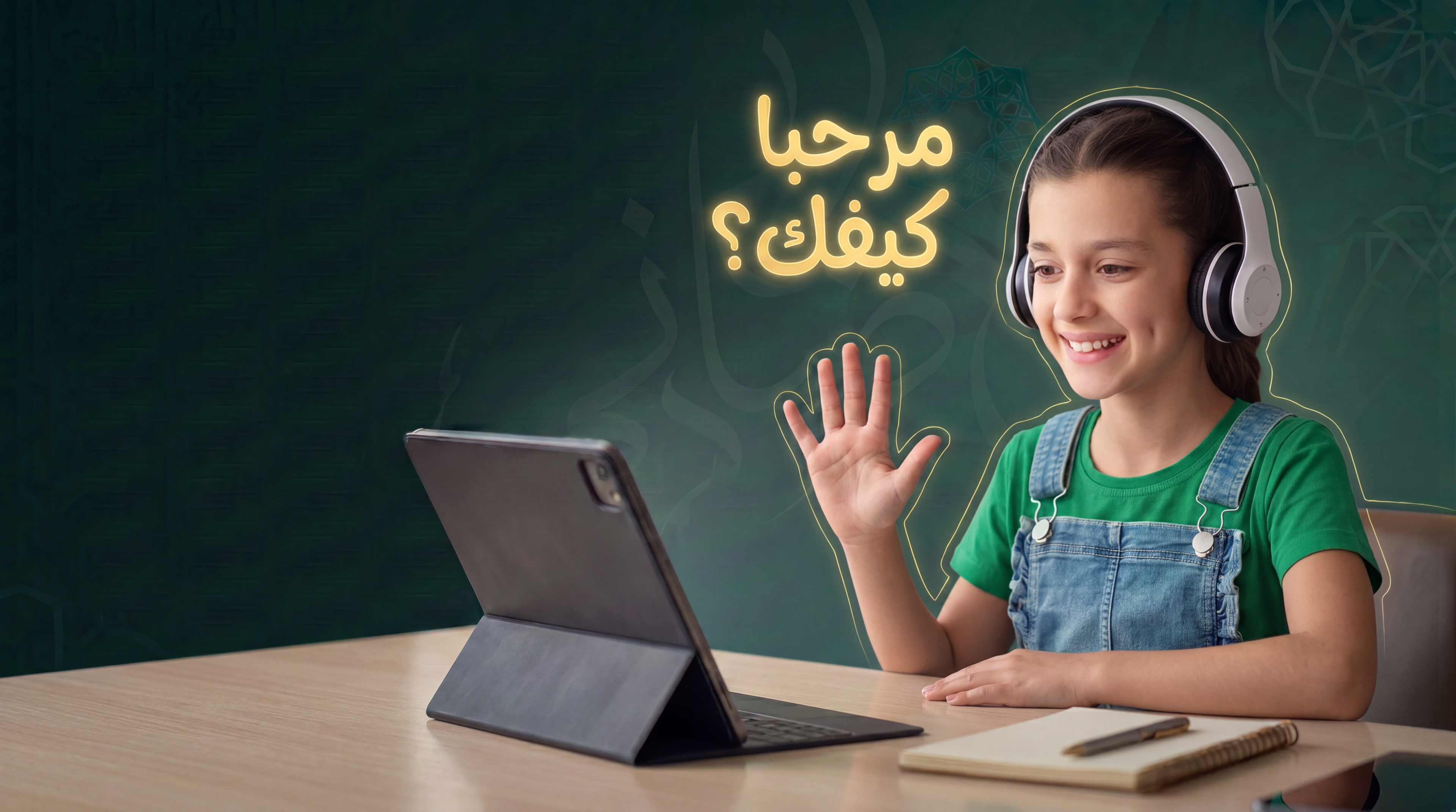 A smiling girl wearing headphones waving to a tablet in an online lesson, the greeting مرحبا كيفك؟ above her in gold