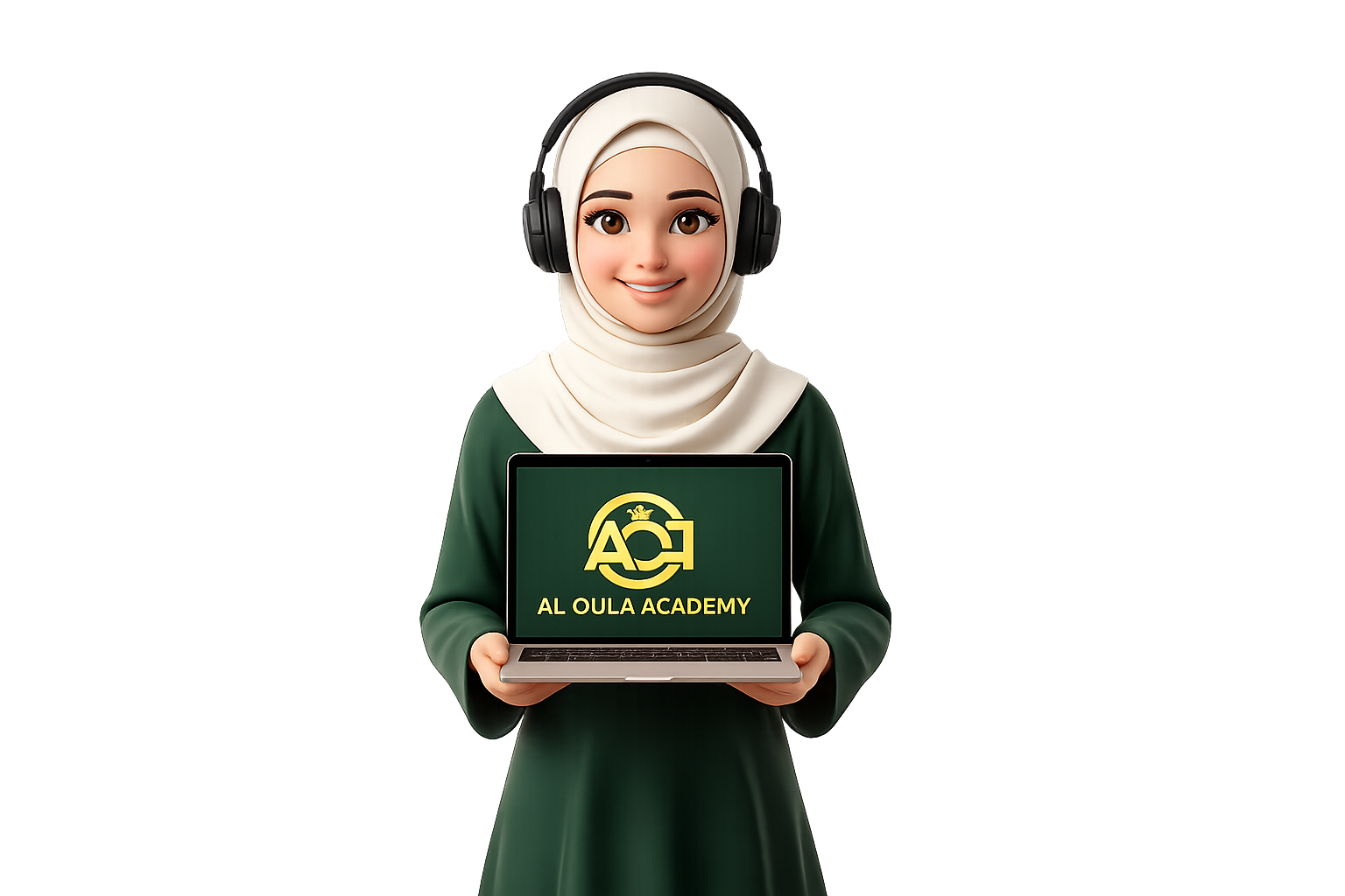 An illustrated teacher wearing headphones, holding a laptop showing the Al Oula Academy logo