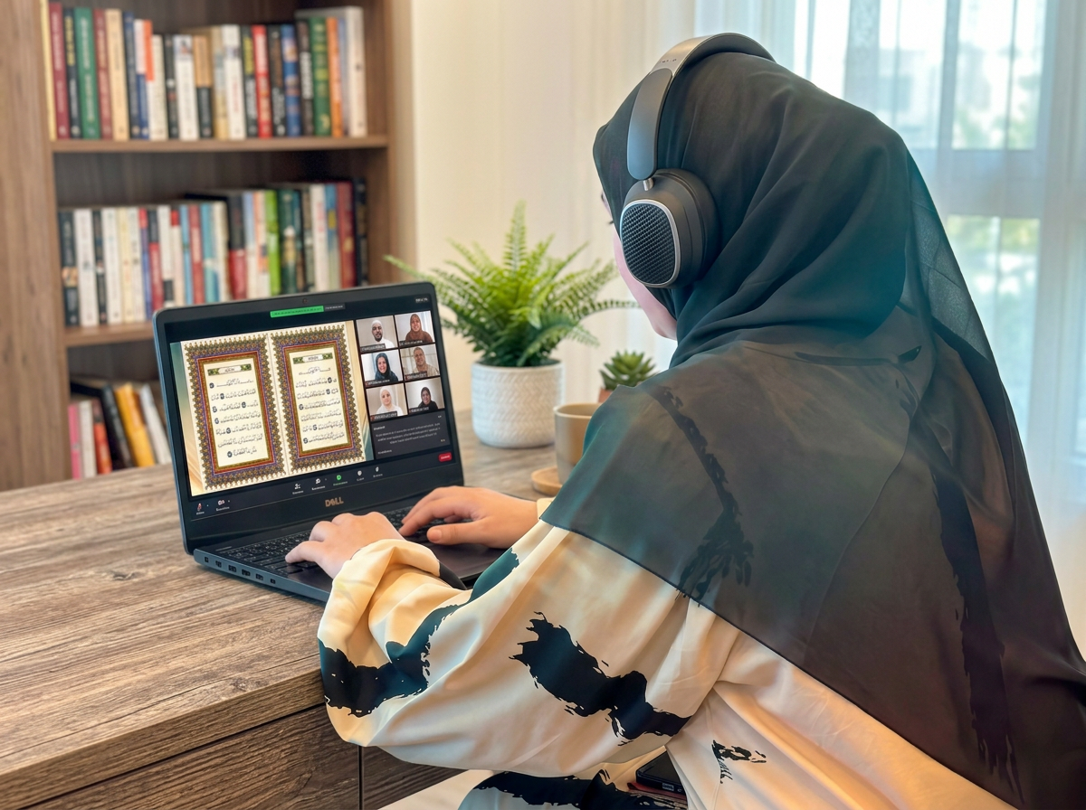 Oula at her desk, a page of the Qur'an shared on screen with her class