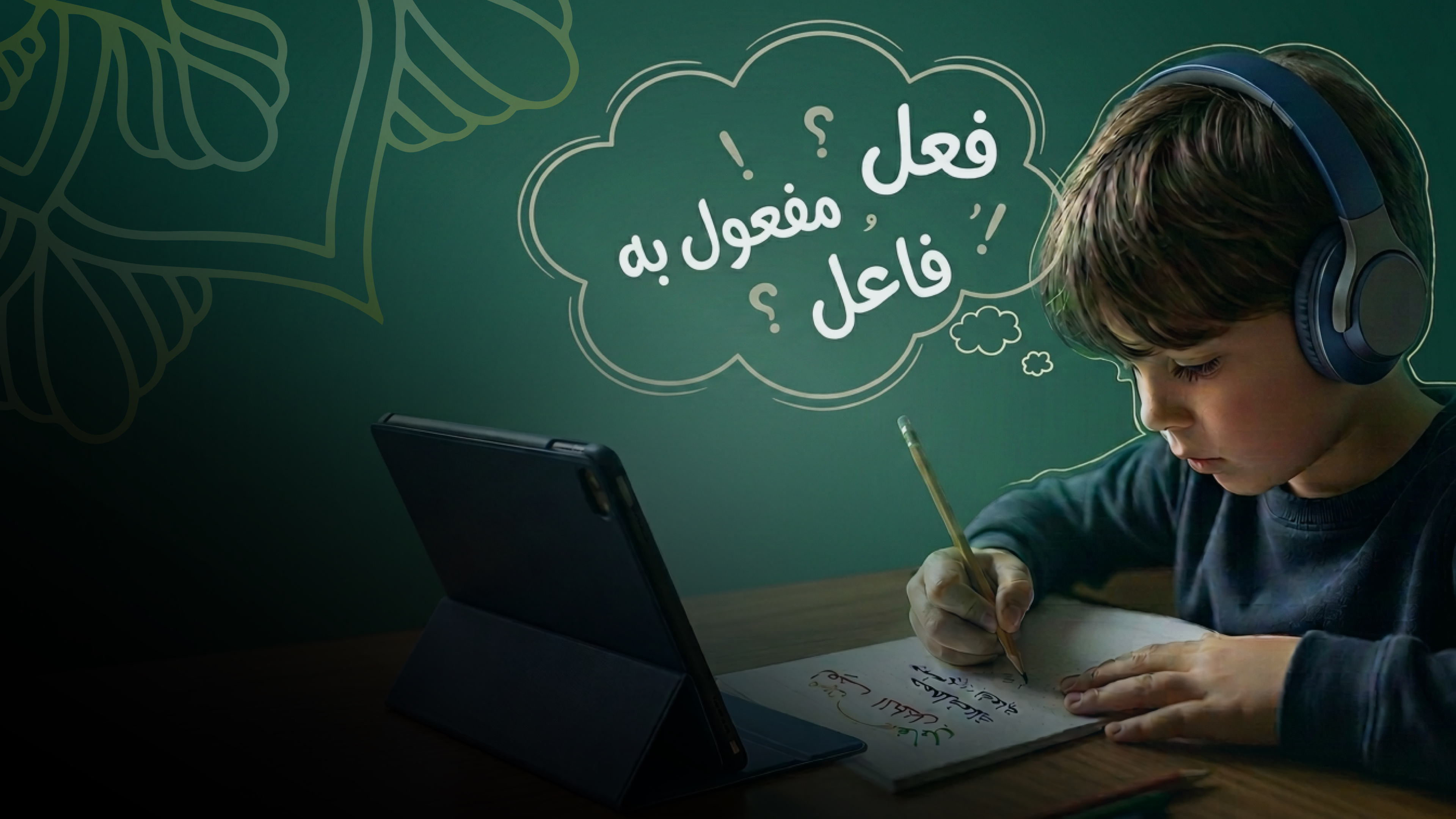 A boy wearing headphones writing Arabic beside a tablet, a thought cloud above him holding the grammar terms فعل، مفعول به، فاعل
